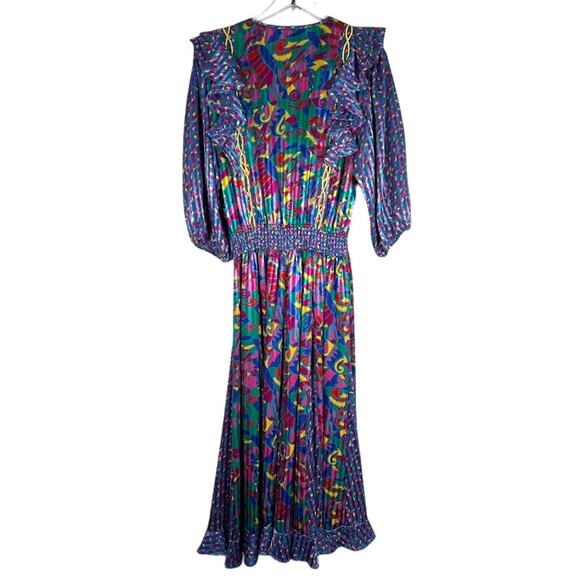 Vintage 80s Jaymee Papell Geometric Maxi Dress M Cinch Waist Ruffle Tassels - Picture 2 of 7